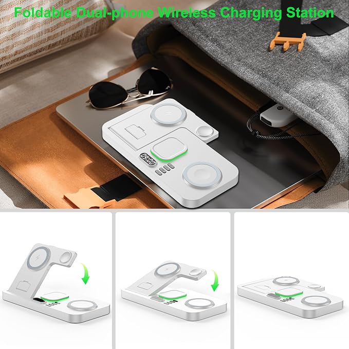 Dual Phone Wireless Charging Station for Apple Devices, Magnetic Charging Station for iPhone with Auto Switch 7-Color Light&Clock, Family Watch Charger for iPhone17 for iWatch11 for AirPods Pro3(White