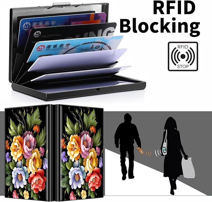Metal Wallet, Credit Card Holder for Women Men Girls, RFID Blocking Aluminum Wallet Slim Hard Case, Mini Travel Wallet, ID Card Holder Business Card Case,Art Flowers