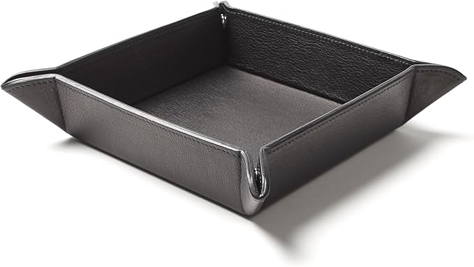 Leatherology Black Onyx Rectangle Valet Tray – Travel-Friendly Catchall Organizer with Snap Corners, Stitched Edge Detail & Gift Box – Desk Tray for Keys, Wallet, Watch & Accessories
