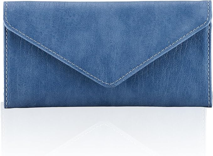 RFID Blocking Envelope Wallet, Vegan Leather Ultra Slim Trifold Multi-Card Holder with 2 ID Windows, Zippered Coin Pocket, Haze Blue