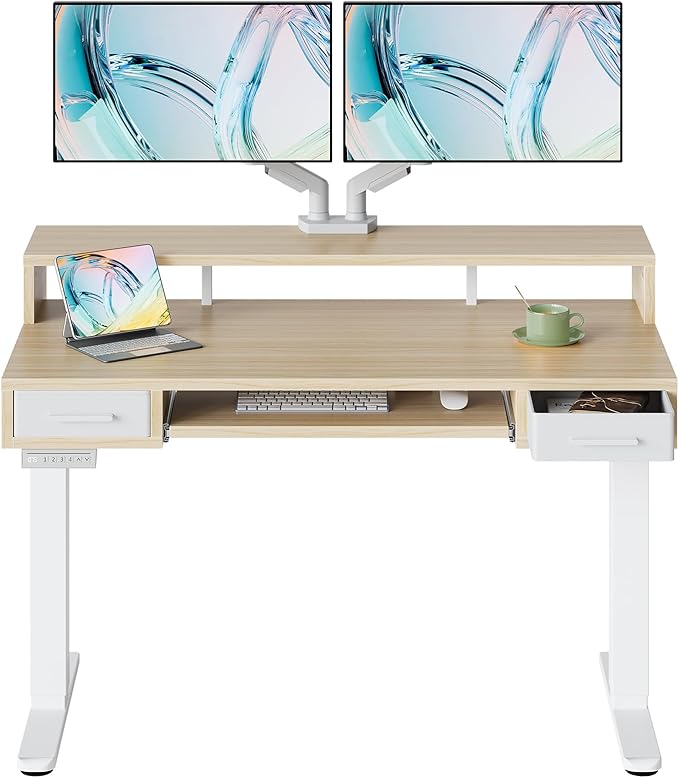 HUANUO 48″ x 26″ Electric Standing Desk with 2 Drawers &24.4″ Large Keyboard Tray, C-Clamp Mount Compatible, Adjustable Computer Desk for Office, Sit Stand Up Desk with 4 Height Presets, Light Walnut