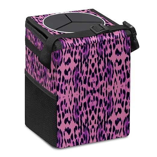 Car Trash Can Purple Pink Black Leopard Auto Garbage Bag Car Trash Can with Lid Leak-Proof Car Storage Bag Auto Garbage Bag Hanging for Headrest Collapsible and Portable with Storage Mesh Pocket