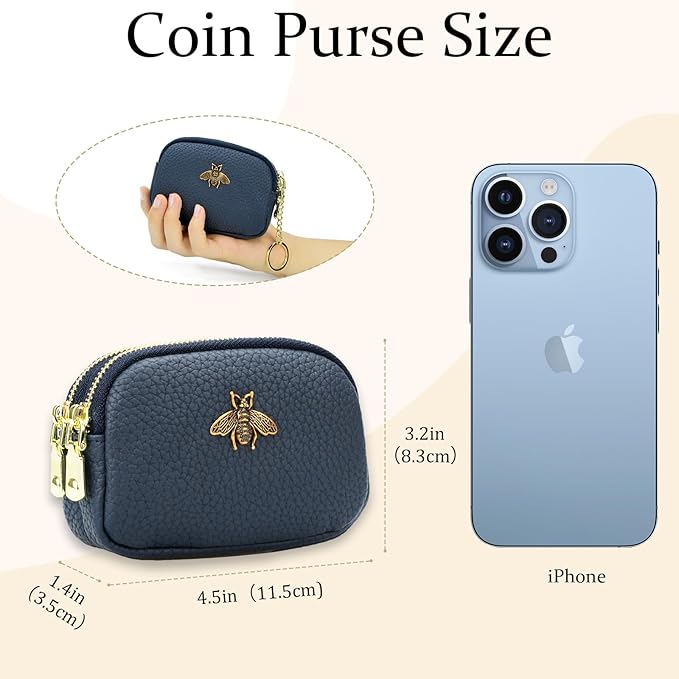 WOZEAH Leather Coin Purse for Women Small 2 Zipper Change Wallet with Key Ring Card Key Coin Cash Holder Pouch(Blue)