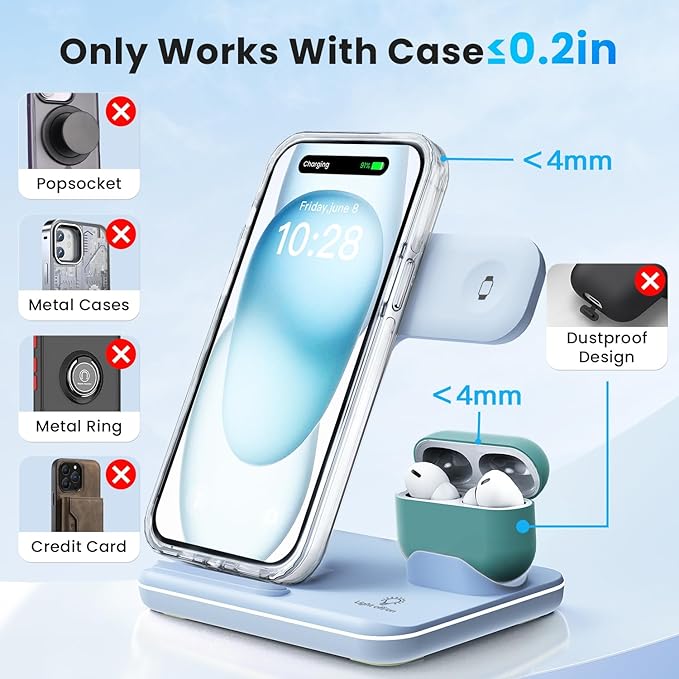 WAITIEE Wireless Charger for iPhone 17 16 15 14 13 12 11 X 8, 3 in 1 Charging Station for Apple Watch & for AirPods (Sky Blue)
