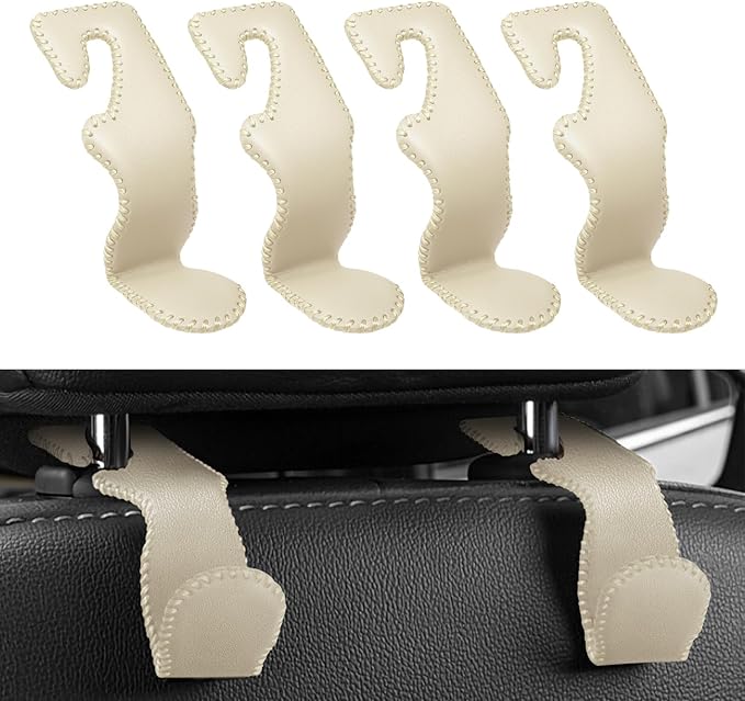 4 Pack Superior Leather Car Seat Headrest Hooks with 44 Pounds Load Capacity, Hangers Storage Organizer Universal Car Interior Accessories for Handbags Water Bottles Umbrellas, Beige