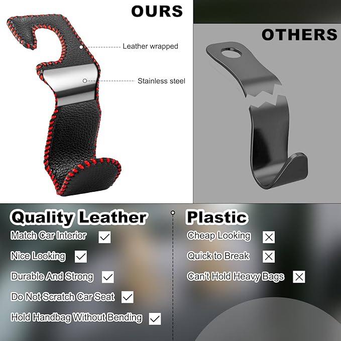 Car Seat Hooks for Purses and Bags, 2 Pack Car Purse Holder for Grocery Bag Handbag Clothes, Metal Headrest Hooks Covered by Leather, Black Red