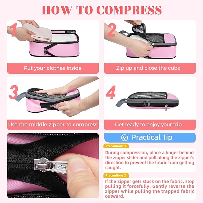 BAGAIL 4 Set/6 Set/8 Set Compression Packing Cubes Travel Accessories Expandable Packing Organizers (Half Mesh, 6-Pink)