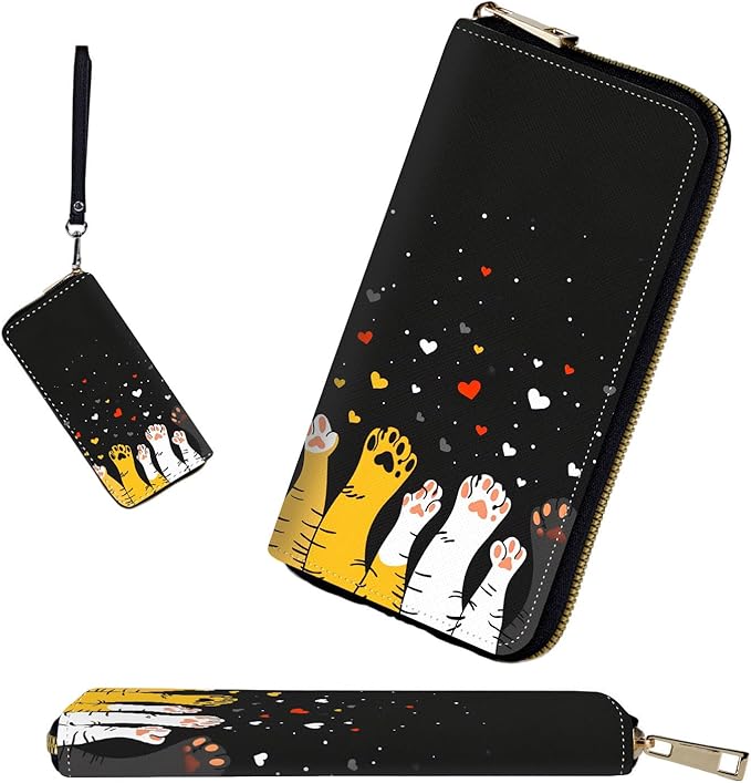 RFID-Blocking Zip Around Wallets for Women with Detachable Wrist Strap,Large Capacity Phone Holder with Card Organizer & Coin Pocket,Cute Cat Paw Heart
