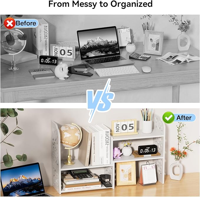 YGYQZ Desk Shelf for Top of Desk - Adjustable Desktop Organizer Shelf, Small Table Top Shelves & Desktop Shelves for Office Organization, Waterproof Bookshelf for Desk & Bathroom, White