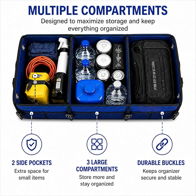 Car Trunk Organizer – Foldable Storage with 3 Compartments, Heavy Duty, Collapsible Cargo Organizer for SUV, Truck & Car (Blue)