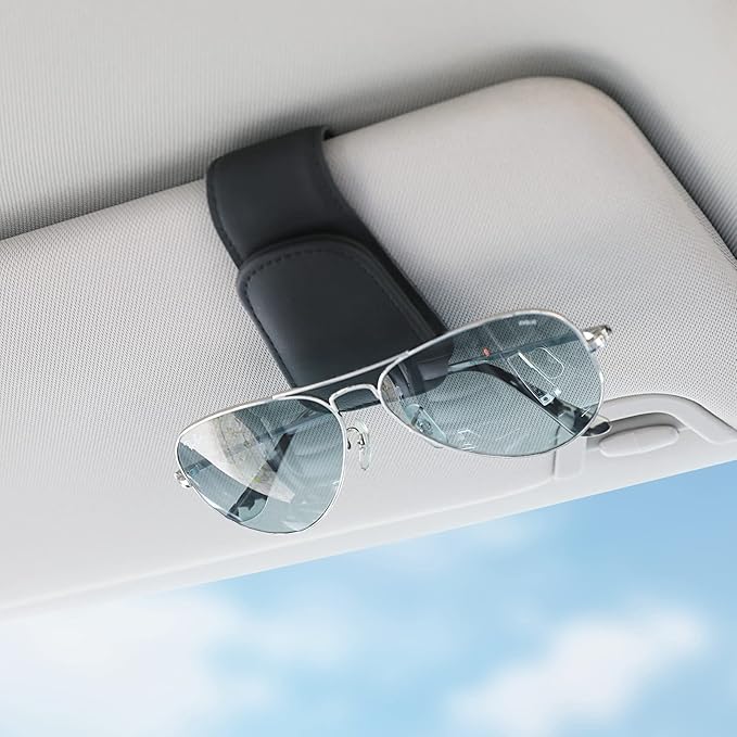 KanSmart Sunglass Holder for Car Visor Sunglasses Clip Magnetic Leather Glasses Eyeglass Holder Interior Car Accessories for Woman Man -2 Packs Black