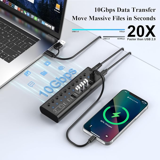 Powered USB Hub, 10-Port USB C Hub with 5*USB-A 3.2 and 2*USB-C 3.2 Ports, BC1.2&2*PD 45W Charging Ports Individual Switches and 24V/3A Power Adapter, USB Extension for PC and More(Black).
