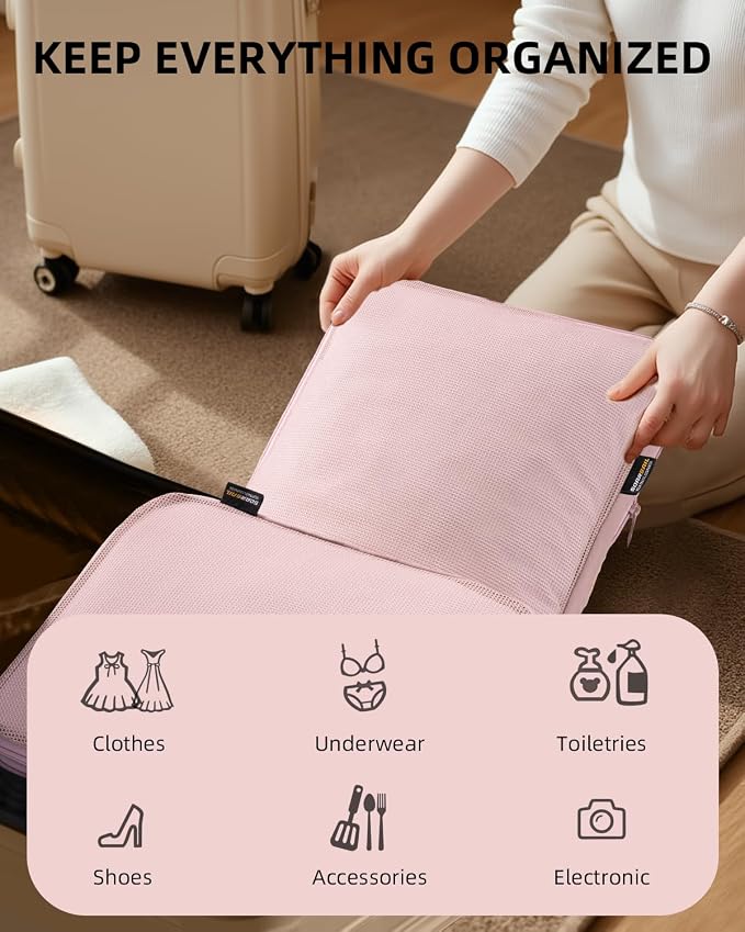 Compression Packing Cubes for Travel, 6-Piece Set (Large/Medium/Small), Double-Zip Luggage Organizers for Suitcase & Carry-On, Clothes Storage Bags (Dusty Pink, 6 Pack)