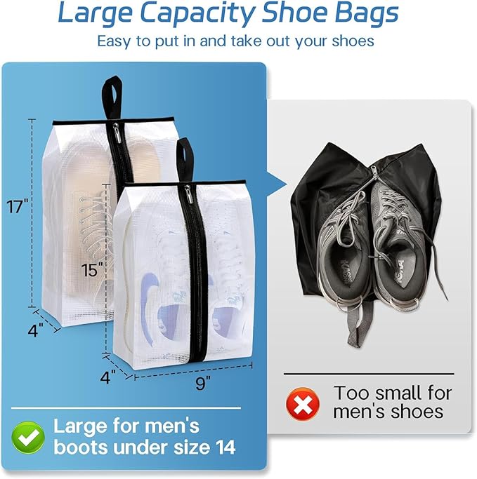 MISSLO Clear Shoe Bags for Travel 4 Pack Shoe Bags for Storage Waterproof Sneaker Travel Organizer Portable Boots Pouch with Sturdy Zipper for Men & Women, Large and XX-Large