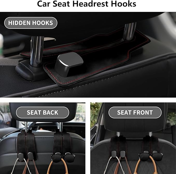 Premium Leather Car Headrest Hook for Purses and Bags - Seat Back Storage Holder (Black, 1 Pack)