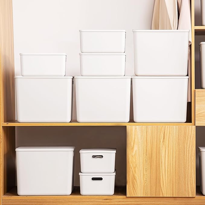10 pack large plastic White storage bins with Lids, Toy Box Chest with Handle，Organizer Containers Baskets for Baby,Nursery，Shelves，Playroom, Bedroom，Office,Closet，home (White, 5XL+5S)