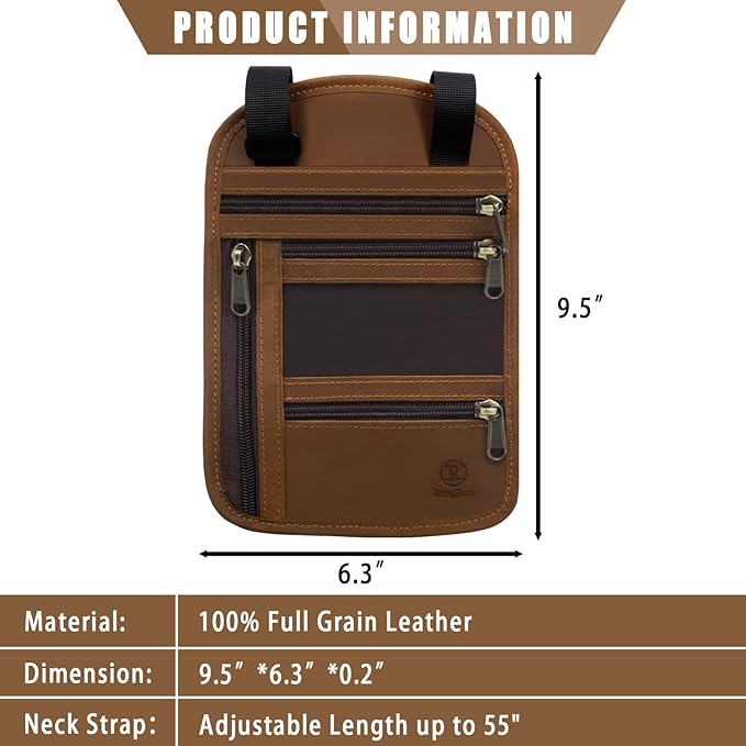 Ringsun Genuine Leather Passport Holder For Travel, RFID Blocking Slim Neck Wallet with Adjustable Strap for Women and Men, Travel Essentials to Keep Cash, Credit Cards and Documents Safe, Brown
