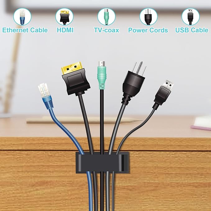 Cable Management Clips, Large Cord Clips for Under Desk Wire Management, Adhesive Organizer Multiple Cord (Computer/PC, Network, TV, Ethernet) Black 20 PCS