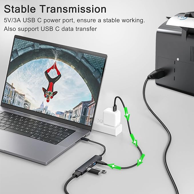 5-Port Powred USB 3.0 Hub, USB Extender Splitter with 5V USB-C Power/Data Port, Extender for A Port Laptop, PC, PS4/5, Xbox, Car and More
