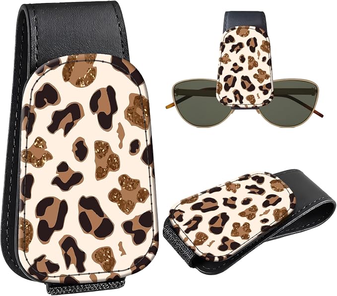 Leather Magnetic Sunglass Holder for Car Sun Visor, Cute Eyeglass Ticket Card Hanger Clip, Universal Auto Interior Accessories for SUV Pickup Truck, White Leopard