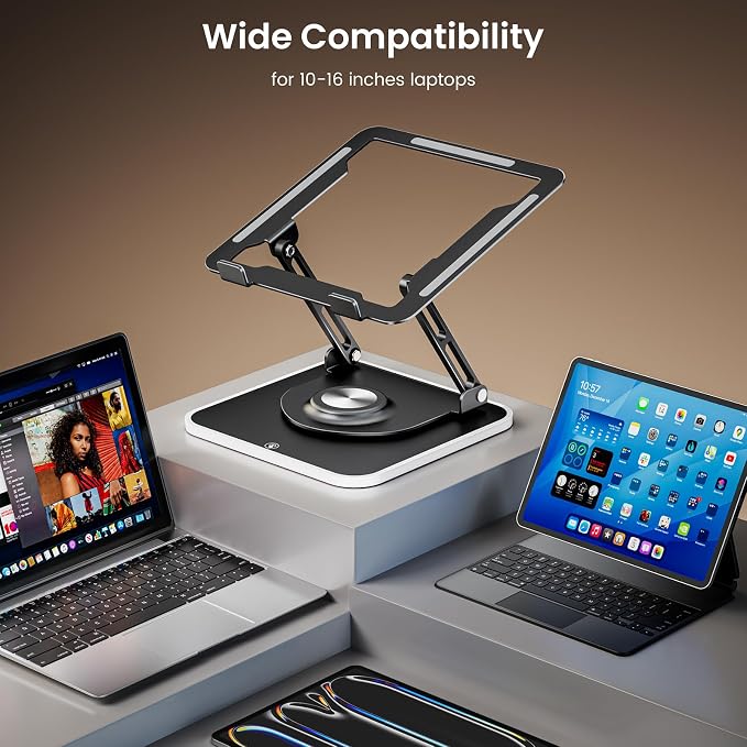 JOYEKY RGB Laptop Stand for Desk, Adjustable Ergonomic Laptop Riser with 360° Rotating Base, Foldable & Portable Computer Stand, Suitable for All 10-16” Laptops
