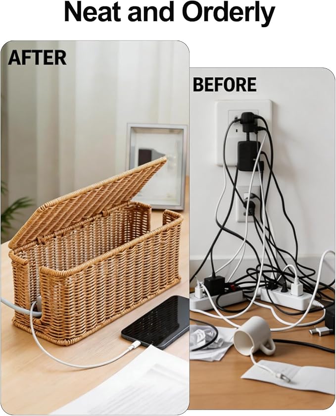 Handwoven Rattan Cable Management Box, Basket to Hide Cords, Open Slots Hider Boxes, Wicker Charging Station Storage Box, For Desk Outlet Covers for Power Strip TV Pc Router(Beige M)