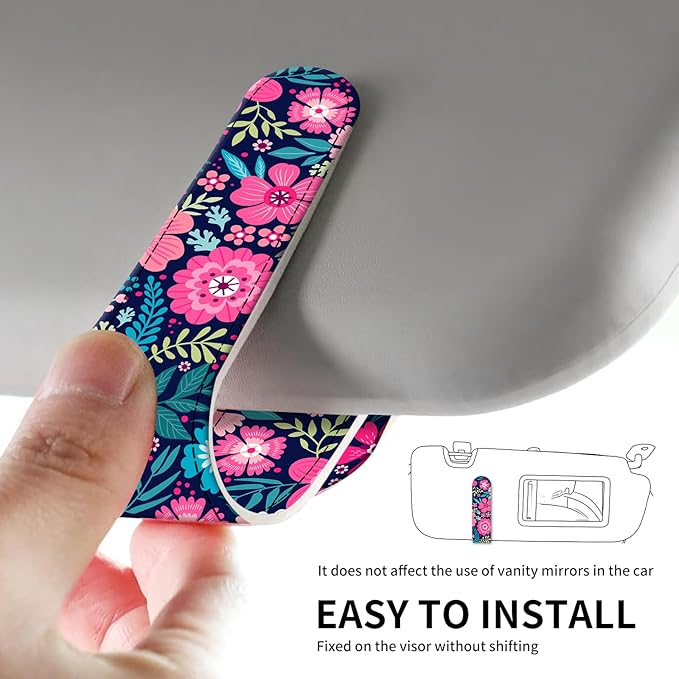 Leather Magnetic Sunglass Holder for Car Sun Visor, Cute Eyeglass Ticket Card Hanger Clip, Universal Auto Interior Accessories for SUV Pickup Truck Navy Floral
