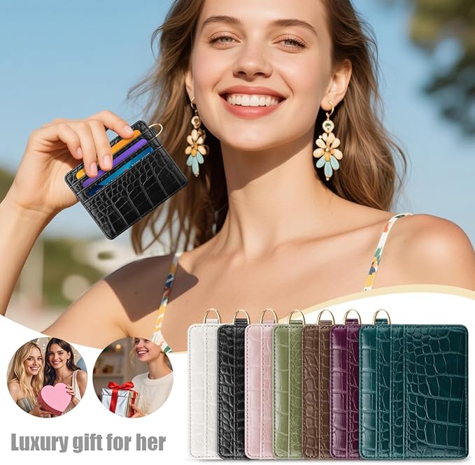 Slim Credit Card Holder Crocodile Wallet Women Thin Alligator Wallets RFID Blocking Minimalist Lightweight Small Cute Cards Holders with ID Window, Black