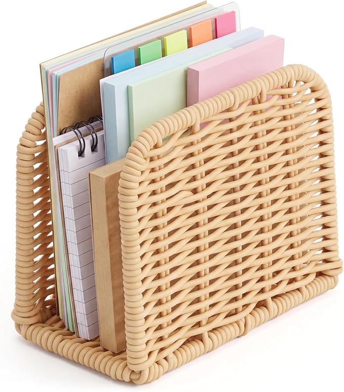 Rattan Mail Organizer for Desk Mail Holder Countertop Rattan Letter Sorter File Holder Envelope Book Stand Farmhouse Office Desk Organizer and Storage Accessories