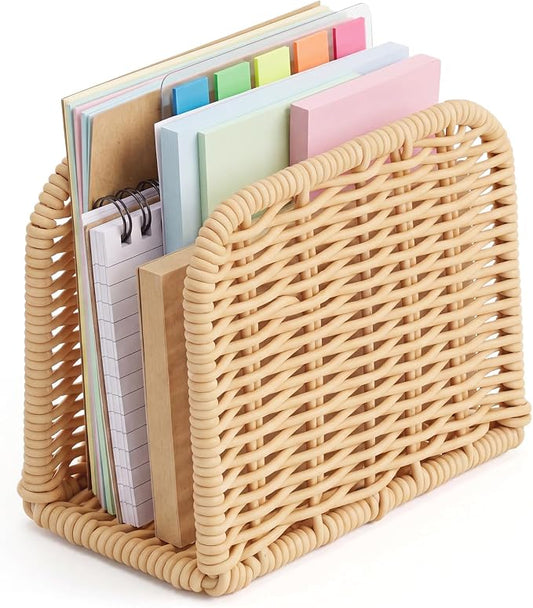 Rattan Mail Organizer for Desk Mail Holder Countertop Rattan Letter Sorter File Holder Envelope Book Stand Farmhouse Office Desk Organizer and Storage Accessories