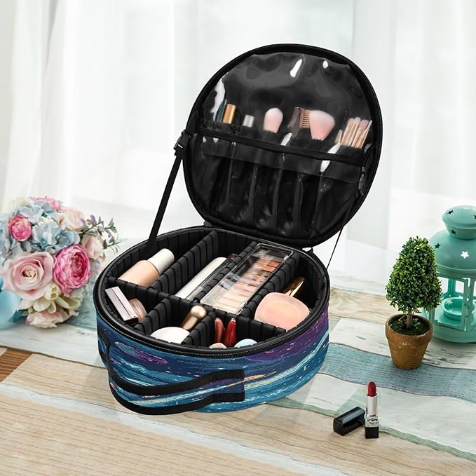 senya Round Cosmetic Pouch Travel Makeup Train Case Starry Sky Planet Makeup Organizer Bag with Adjustable Dividers Portable for Cosmetics Makeup Brushes Toiletry Jewelry Accessories
