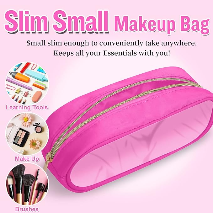 Nylon Small Clear Makeup Bag Slim Pencil Pouch, Cute Pencil Case Makeup Bag Preppy Cosmetic Zipper Pouch for Purse,Travel PVC Toiletry Bag Clutch Coin Pouch Makeup Organizer for Women Girls(Hot Pink)