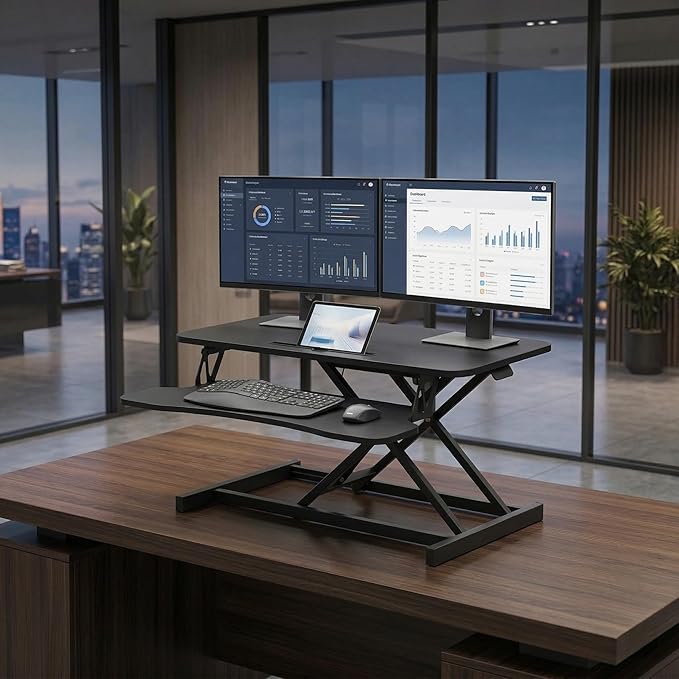 Standing Desk Converter 32" - Sit to Stand Desk Converter for Dual Monitors - Height Adjustable Desk Riser for Standing - Home Office & Corporate Use - Relieve Back Pain (Black)