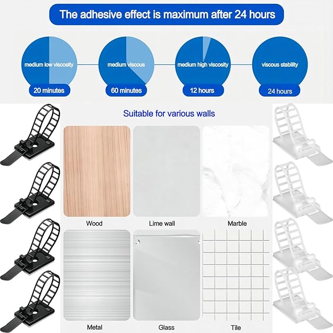 Adjustable Adhesive Cable Management Clips 100Pcs, Large self Adhesive Cable Ties Clips ，Suitable for Cable Management Under desks and on Walls (White)