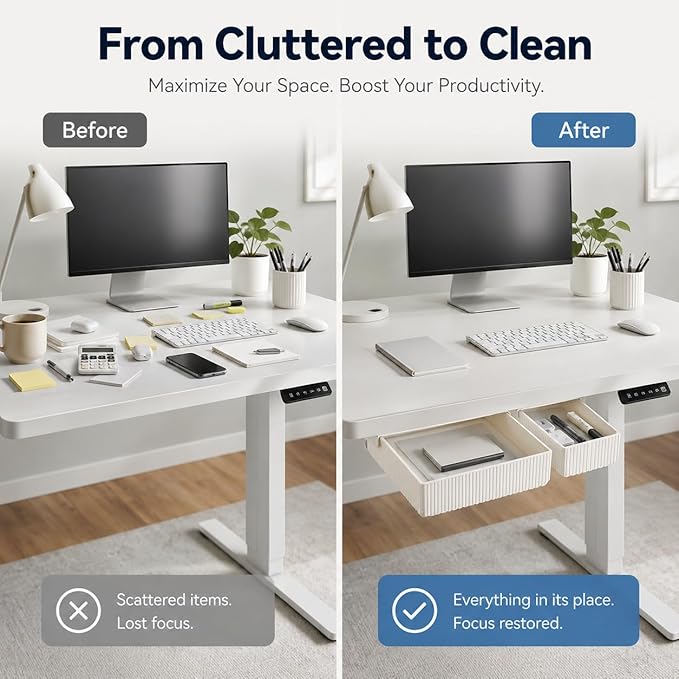 YOOUSOO Under Desk Drawer Organizer, 2 Pack Self Adhesive Slide Out Desk Storage Drawers, Hidden Desk Drawer Attachment for Pens, Notes, Earbuds, Cables and Small Office Accessories, White