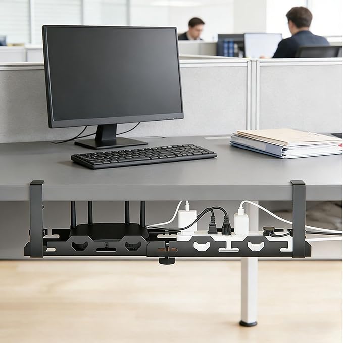 No Drill Under Desk Cable Management Tray System-Extendable15 to 30 "Heavy-Duty Metal Desk Cable Organizer with Clamp Cord Management Holder for Standing Desk & Home Office Black