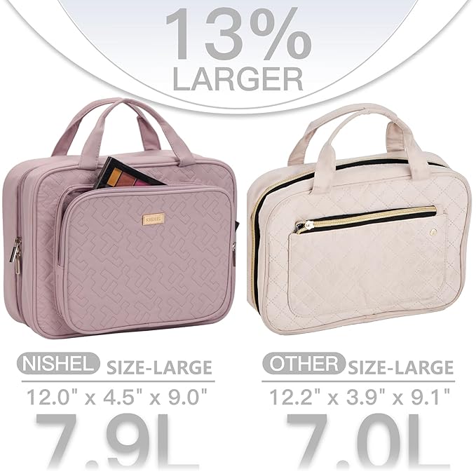NISHEL Travel Toiletry Bag for Women, Makeup Essentials Organizer, Hanging Case for Accessories, Cosmetics, Large Size, Peach Pink