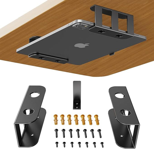 BYMECOST Under Desk Laptop Storage Mount, Metal Under Desk Device Holder, for Devices Up to 2.1" Thick, MacBook, Mini, Keyboard, Router, with Anti-Scratch Silicone (Black)
