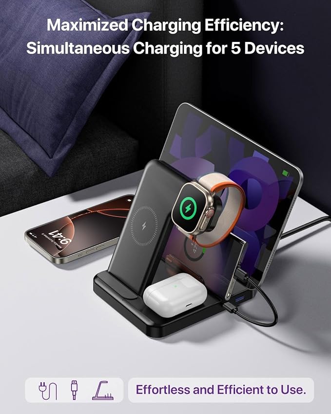 Multiple Devices Charging Station, 5-in-1 Charging Station for iPhone 17 Pro Max/Pro/16/15/14/13/12, iPad Pro/Air/Mini, Apple Watch and Airpods,Wireless Charging Dock(G805) (White)