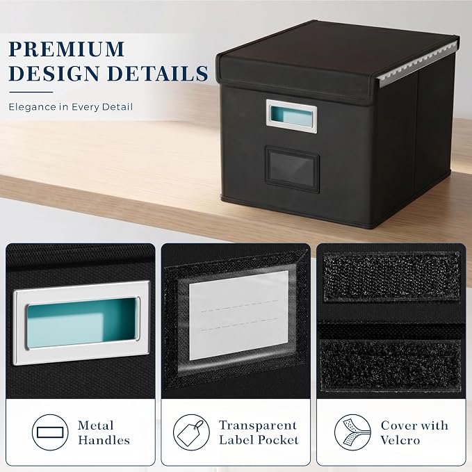 File Organizer Box with Lid, Collapsible File Folder Organizer for Office Document Storage, Filing Box with Plastic Slide for Letter Size Hanging File Folders(1 Pack, Black)