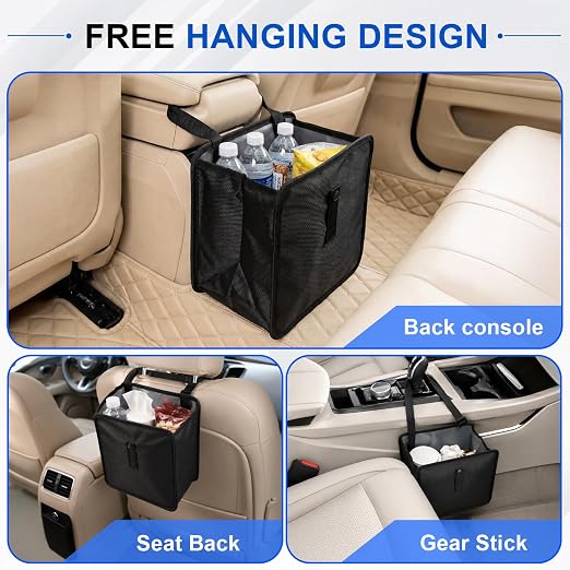 Car Trash Can, Foldable Hanging Car Trash Bag, 2 Gallon Leakproof Waterproof Auto Garbage Bag with Liner, Collapsible Car Interior Accessories Essentials for SUV Truck RV, Black