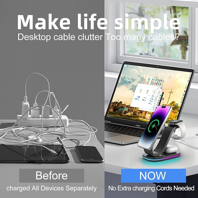 Wireless Charger 3 in 1 for iPhone, Magnetic Charging Station for Apple Family with Adjustable Multicolor Ambient Light, 15W Fast MagSafe Charger Stand,for iPhone17-12-iWatch AirPods Series