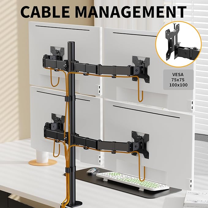 Quad Monitor Mount, Heavy Duty Adjustable 4 Monitors Desk Stand for 13"-27" Screen, Holds Up to 22lbs per Arm with C Clamp/Grommet Base