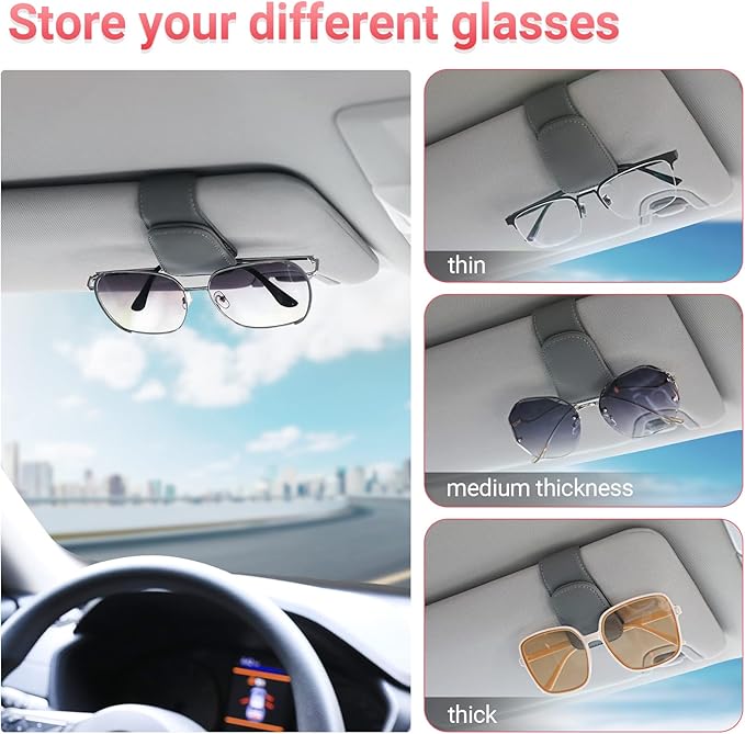 KanSmart Sunglass Holder for Car Visor Sunglasses Clip Magnetic Leather Glasses Eyeglass Holder Interior Car Accessories for Woman Man - 2 Packs Gray