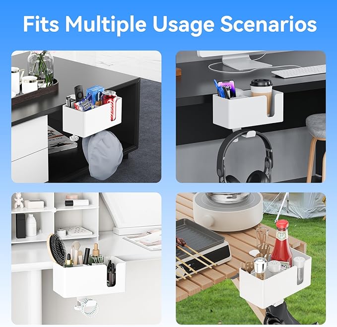 4 in 1 Desk Cup Holder with Storage - Clamp on Under Desk Headphone Hanger - Detachable Pen Cup Holder Desktop Storage for Desktop Attachments Accessories (White)