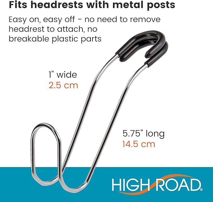 High Road Metal Car Hooks - Hard Hat Holder for Truck and Unbreakable Headrest Hooks for Car for Large Straps and Heavy Bags up to 40 lbs - Secure Attachment Loops Fit All Headrest Posts, 6-Pack