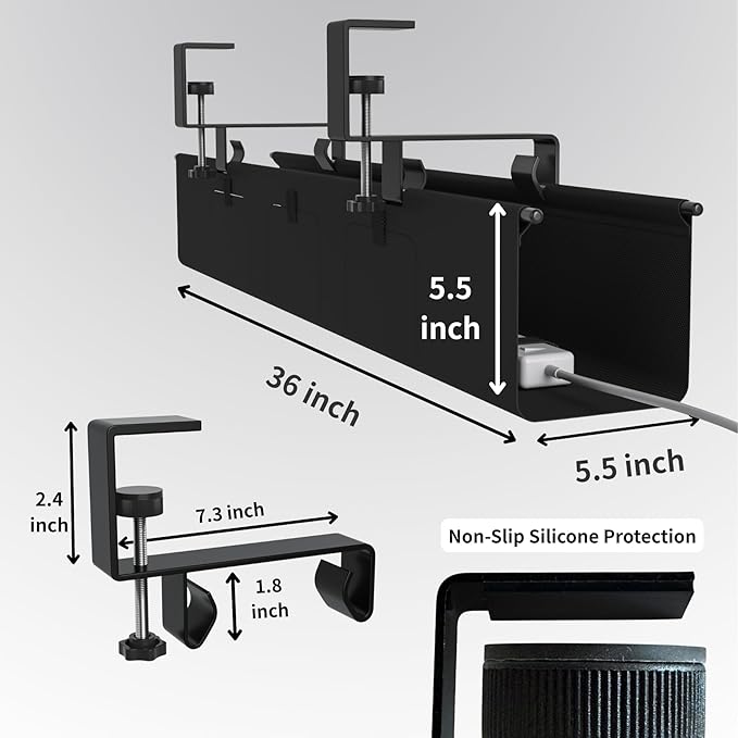 Under Desk Cable Management Tray, 36” Fabric No Drill Clamp Mount Cord Organizer for Desk, Heavy Duty Wire Management for Office Home, Black