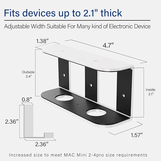 BYMECOST Under Desk Laptop Storage Mount, Metal Under Desk Device Holder, for Devices Up to 1.37" Thick, MacBook, Mini, Keyboard, Router, with Anti-Scratch Silicone (White, 2.1" with Hook)