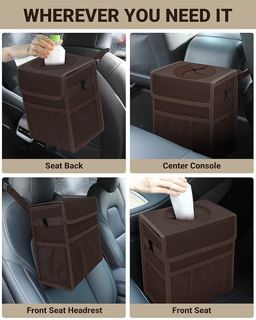 Capolo Car Trash Can with Lid, Leakproof Car Trash Bag Hanging Waterproof Automotive Garbage Can with Storage Pockets Mini Vehicle Trash Bin for Back/Front Seat(Brown,2.5 Gallon)