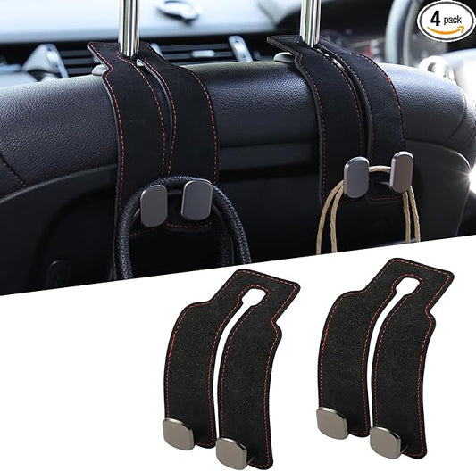 KINIVA Car Seat Headrest Storage Hooks, Set of 2, Suede PU Leather, Double Hooks (Black)